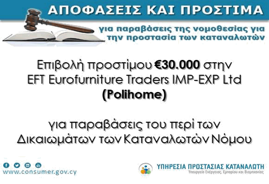 Διοικητικό πρόστιμο €30.000 στην εταιρεία EFT Eurofurniture Traders IMP-EXP Ltd (Polihome) επέβαλε η Υπηρεσία Προστασίας Καταναλωτή 